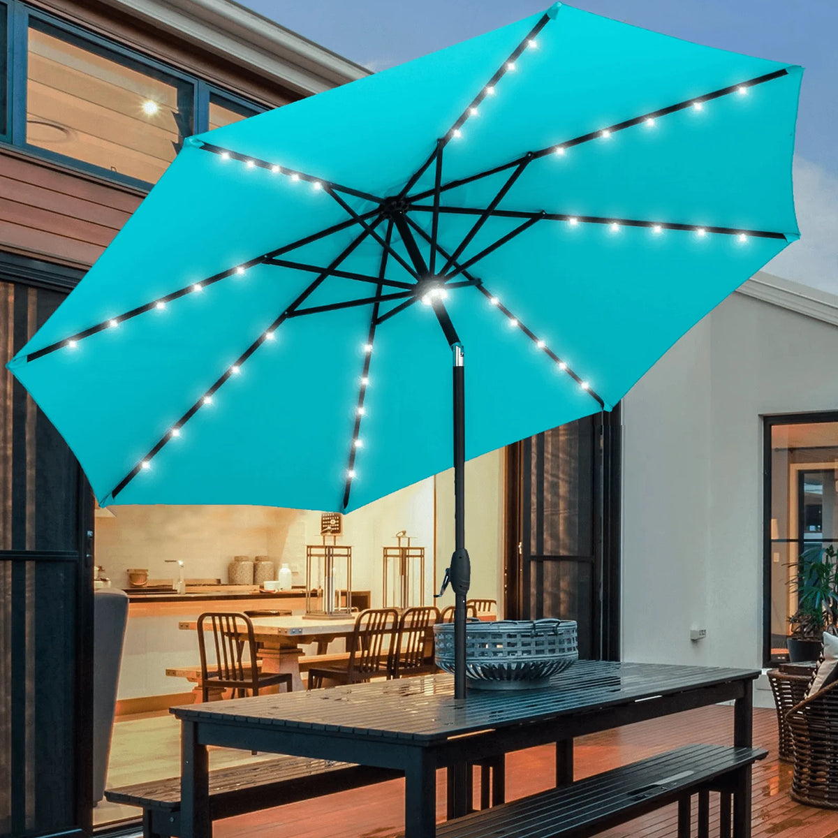 10 ft Solar Patio Umbrella with 40 LED Lights, Steel Tilt Crank, Blue C220393