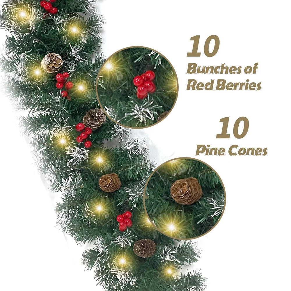 2 Pcs 6ft Pre-Lit Christmas Garland with 40 Waterproof LED Light and Pine Cones and Berries, Battery Operated A51037
