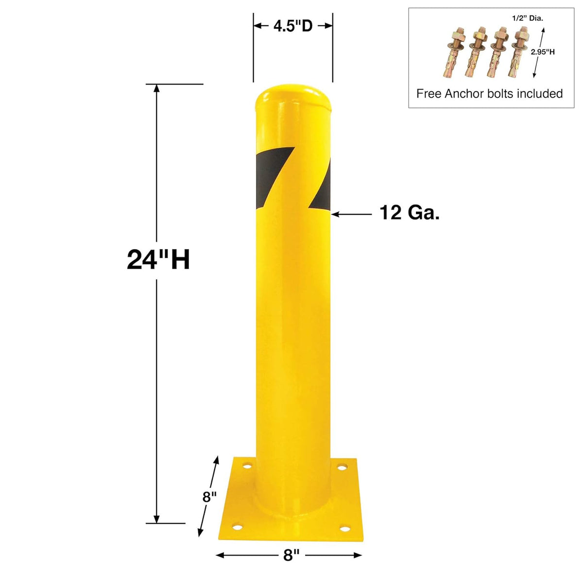 Steel Yellow Safety Barrier Bollard 24''Hx4.5''D, 12Ga, Base-8x8'', Pack of 2 H769
