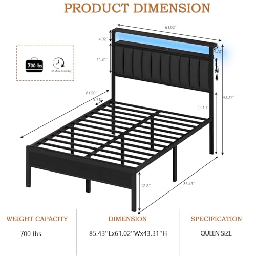 Full Size Bed Frame with Charging Station and LED Lights Z654
