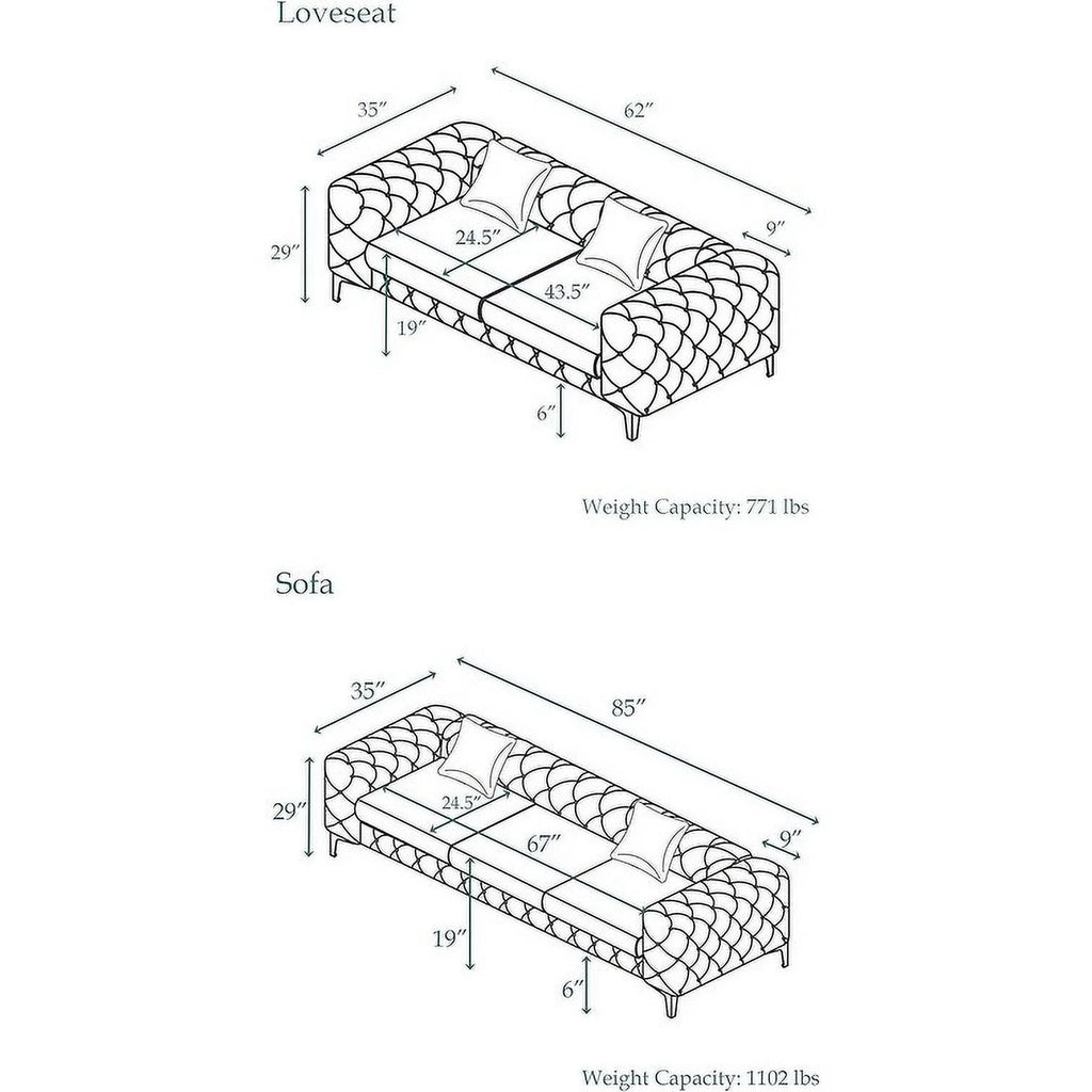 Blue Velvet Loveseat and Sofa Set with Solid Wood Frame and Iron Legs I9257