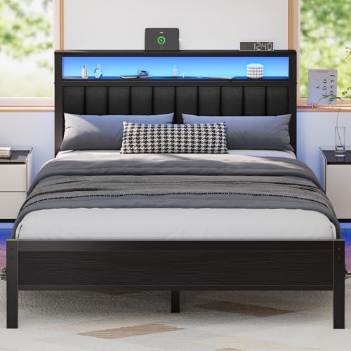Full Size Bed Frame with Charging Station and LED Lights Z654