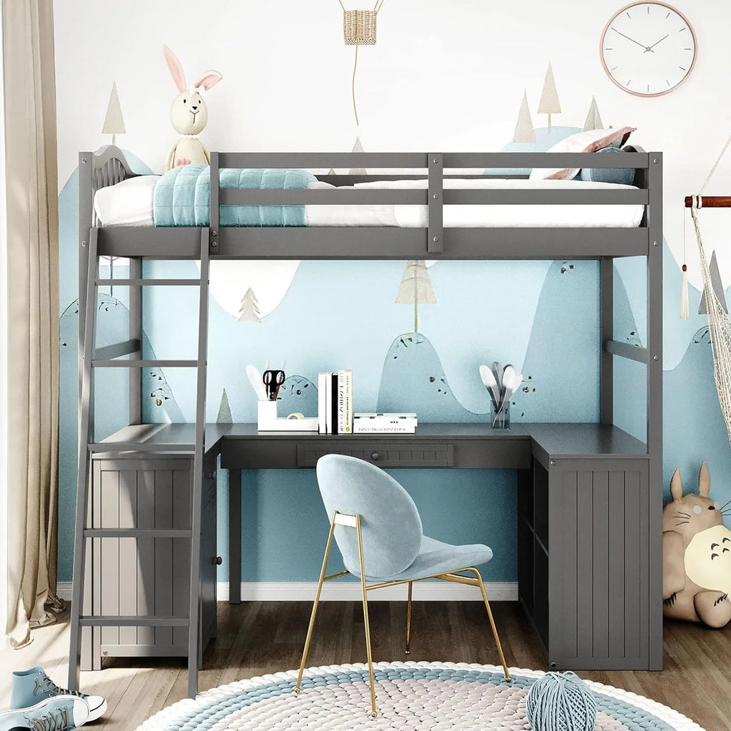 Gray Wood Loft Bed Frame with Desk and Shelves H559234