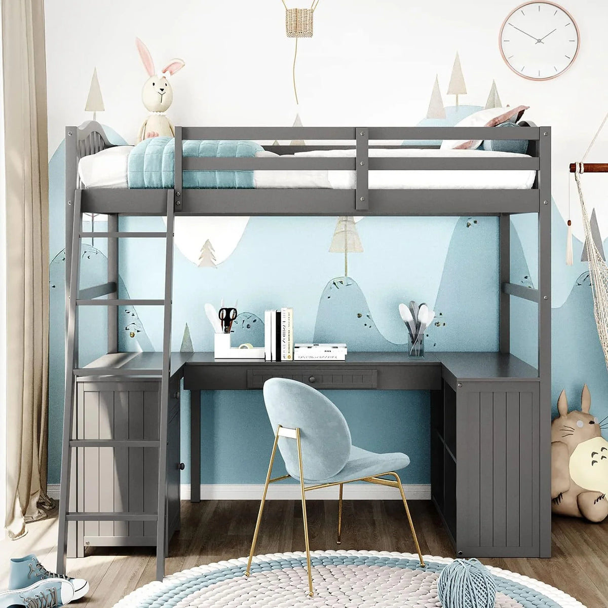Gray Wood Loft Bed Frame with Desk and Shelves H559234