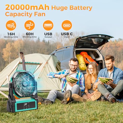 Portable Camping Fan, 20000mAh Rechargeable Battery Operated Fans with Lights, 4 Speed, Adjustable Brightness (Blue Black) S189