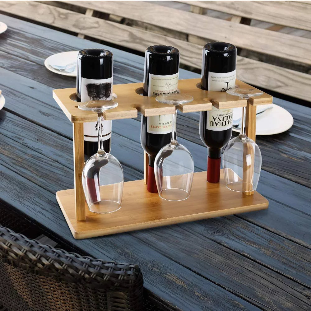 Bamboo Wine Rack Holds 3 Bottles & 3 Glasses R842
