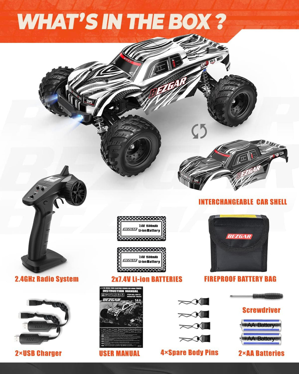 1:12 Scale 4x4 Remote Control Truck with 2 Rechargeable Batteries Z3219