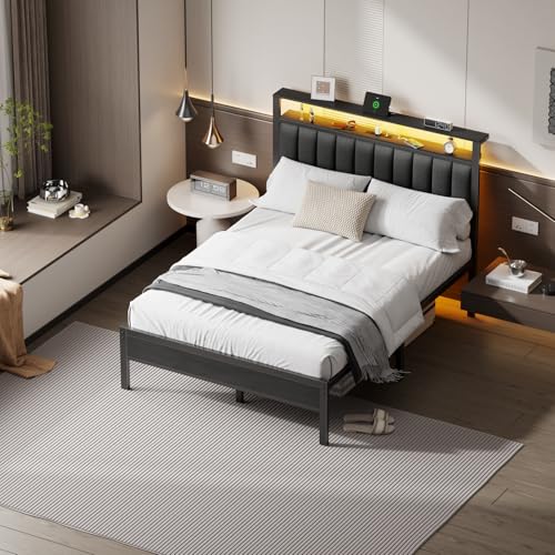 Full Size Bed Frame with Charging Station and LED Lights Z654