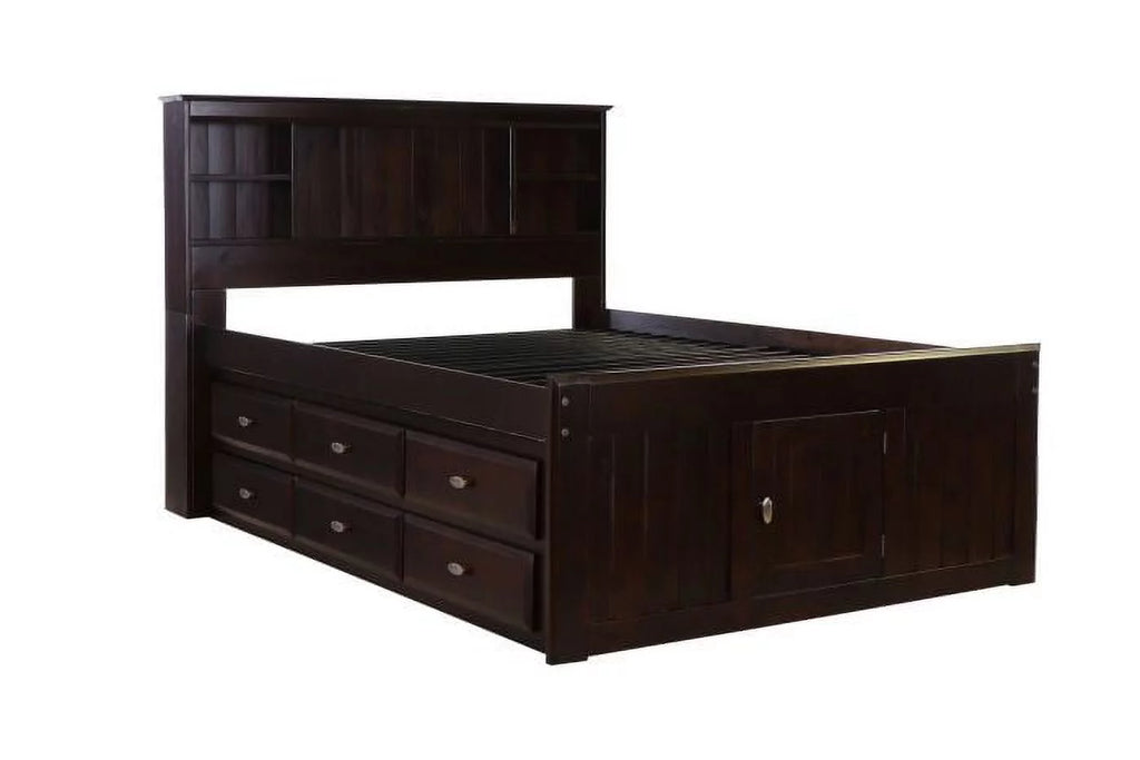 Full Size Bed Frame with Headboard Bookcase & 12 Drawers, Espresso A145739