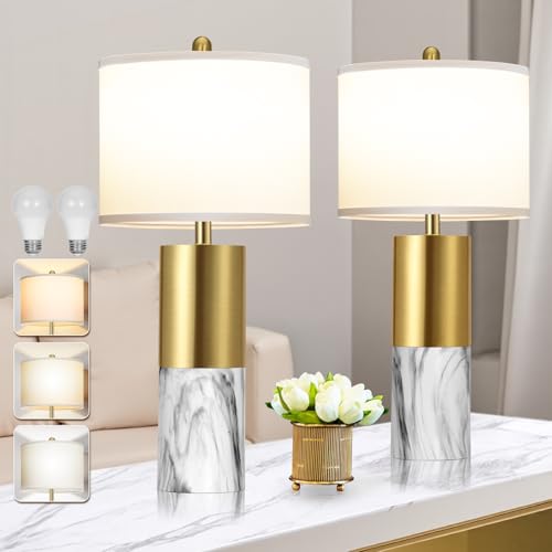 22" Faux Marble Table Lamps Set of 2 with Fabric Shades S73161