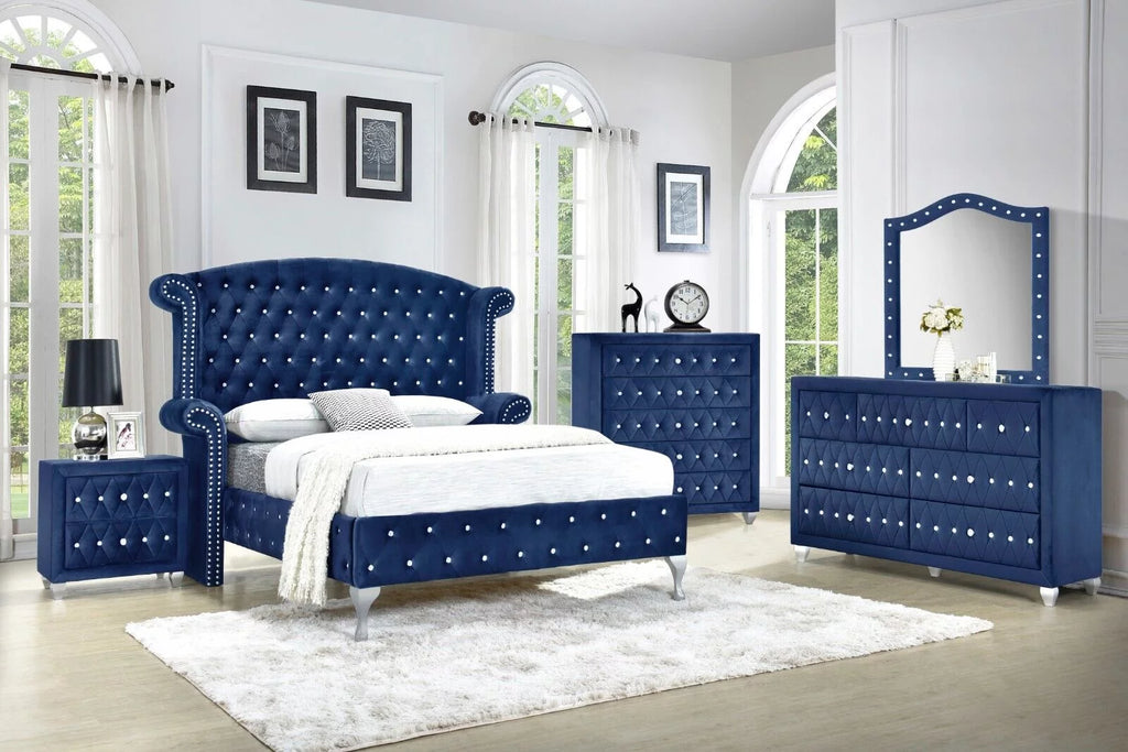5Pc King Size Bed Dresser Mirror Nightstand Set Blue Velvet K2133