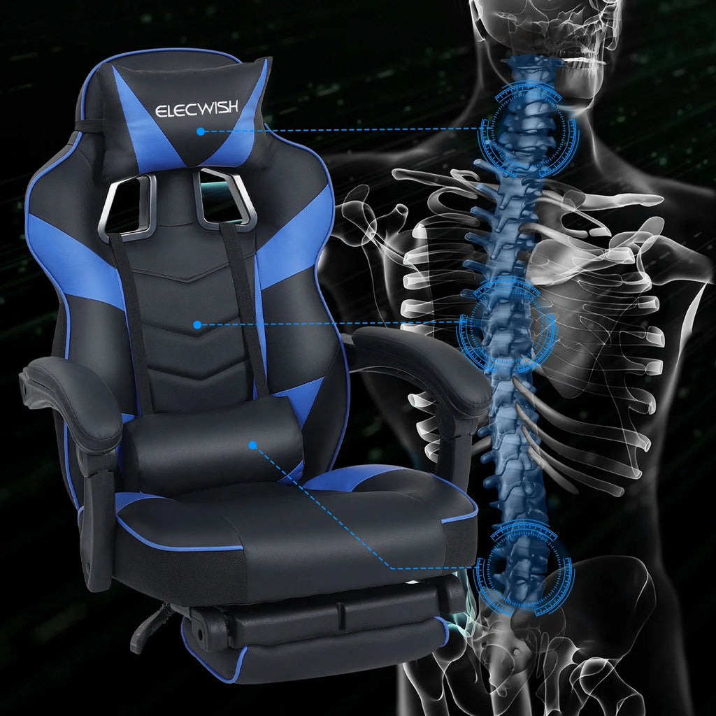 Blue PU Leather Reclining Gaming Chair with Footrest and Massage Lumbar Pillow M7495