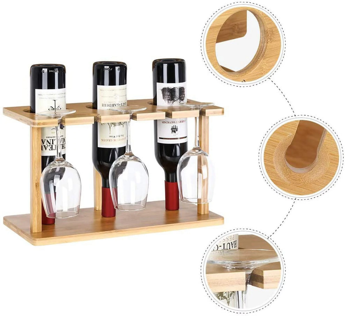 Bamboo Wine Rack Holds 3 Bottles & 3 Glasses R842