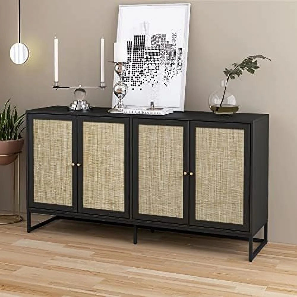Black Rattan Sideboard Cabinet with Adjustable Shelves T96538