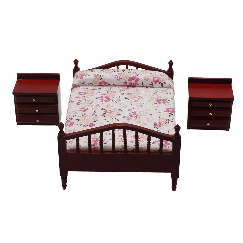 1/12 Scale Miniature Dollhouse Furniture Bed Night Table Brown Set O877036