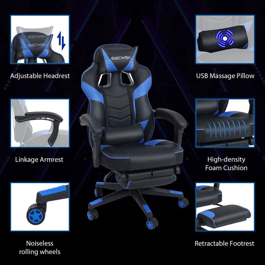 Blue PU Leather Reclining Gaming Chair with Footrest and Massage Lumbar Pillow M7495